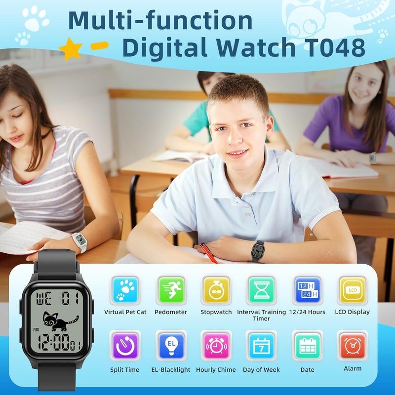 EZON T048 Digital Kids Watch for Teens Girls Boys,Sport Watch with Virtual Pet Cat Step Counter Stopwatch Pedometer Timer Alarm, No App Waterproof Fitness Tracker for Ages 7-18 - Image 2